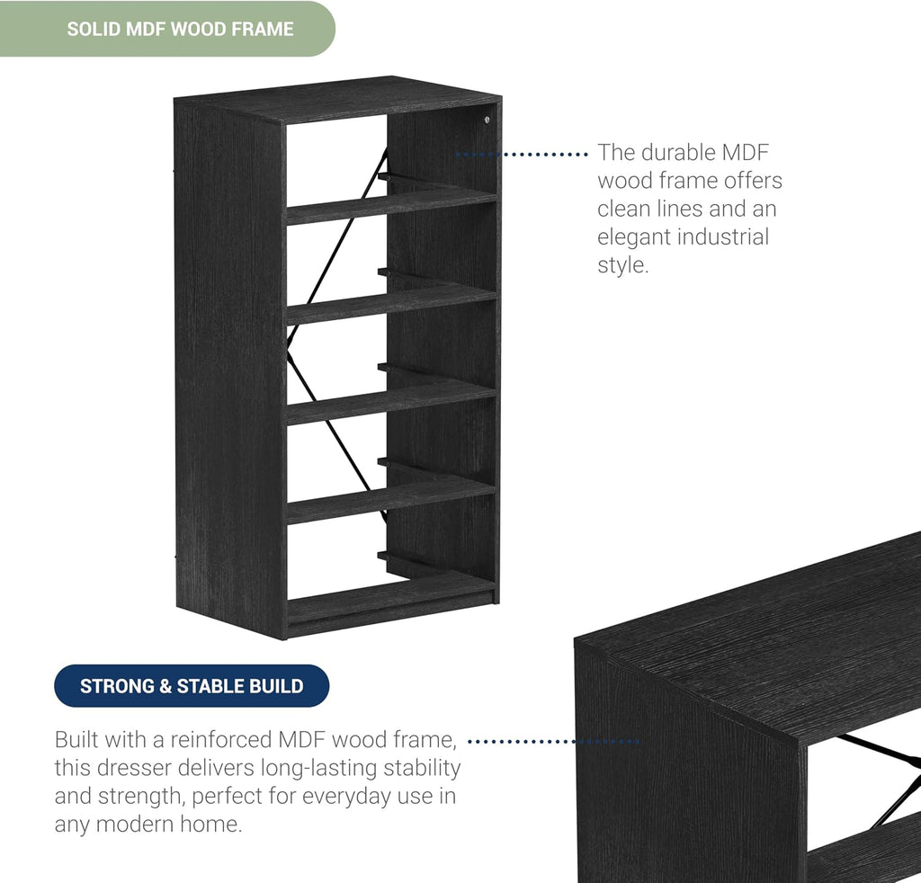5-Drawer Dresser with Extra Large Fabric Drawers, Wood Frame Dresser with 5 Drawers for Bedroom or Living Room Storage, Hallway, Fabric Bins for Closet or Hallway Storage Organizer, Toy Chest, Black