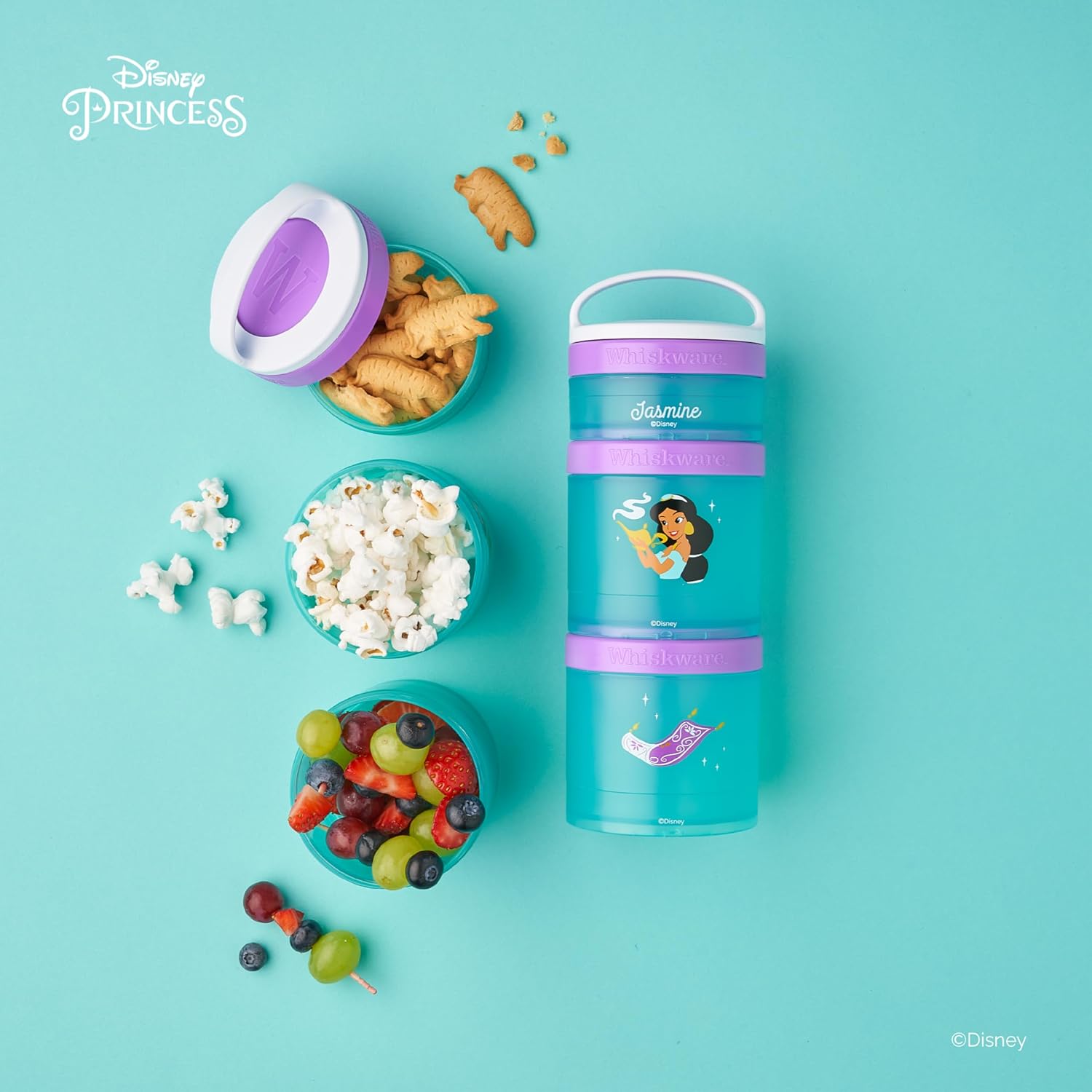 Whiskware Disney Princess Aladdin, Stackable Snack Containers for Kids, 3 Stackable Snack Cups for School or Travel, Backpack and Cupholder Friendly, Jasmine and Magic Carpet (Pack of 12)
