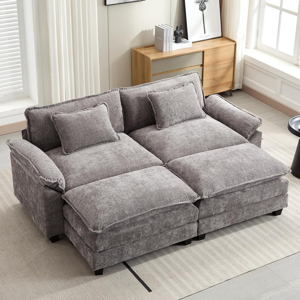 Oprisen 86' Modular Sectional Sofa, Comfy Cloud Couch Sectional Sofa with Ottomans, Chenille Sofa Sleeper Deep Seat Sofa with Throw Pillows for Living Room (Lgiht Grey)
