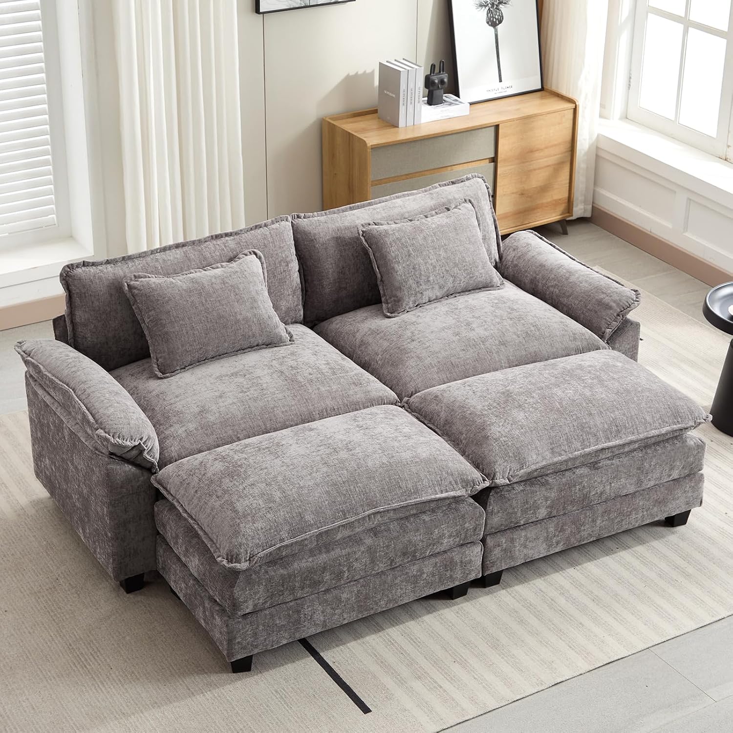 Oprisen 86' Modular Sectional Sofa, Comfy Cloud Couch Sectional Sofa with Ottomans, Chenille Sofa Sleeper Deep Seat Sofa with Throw Pillows for Living Room (Lgiht Grey)