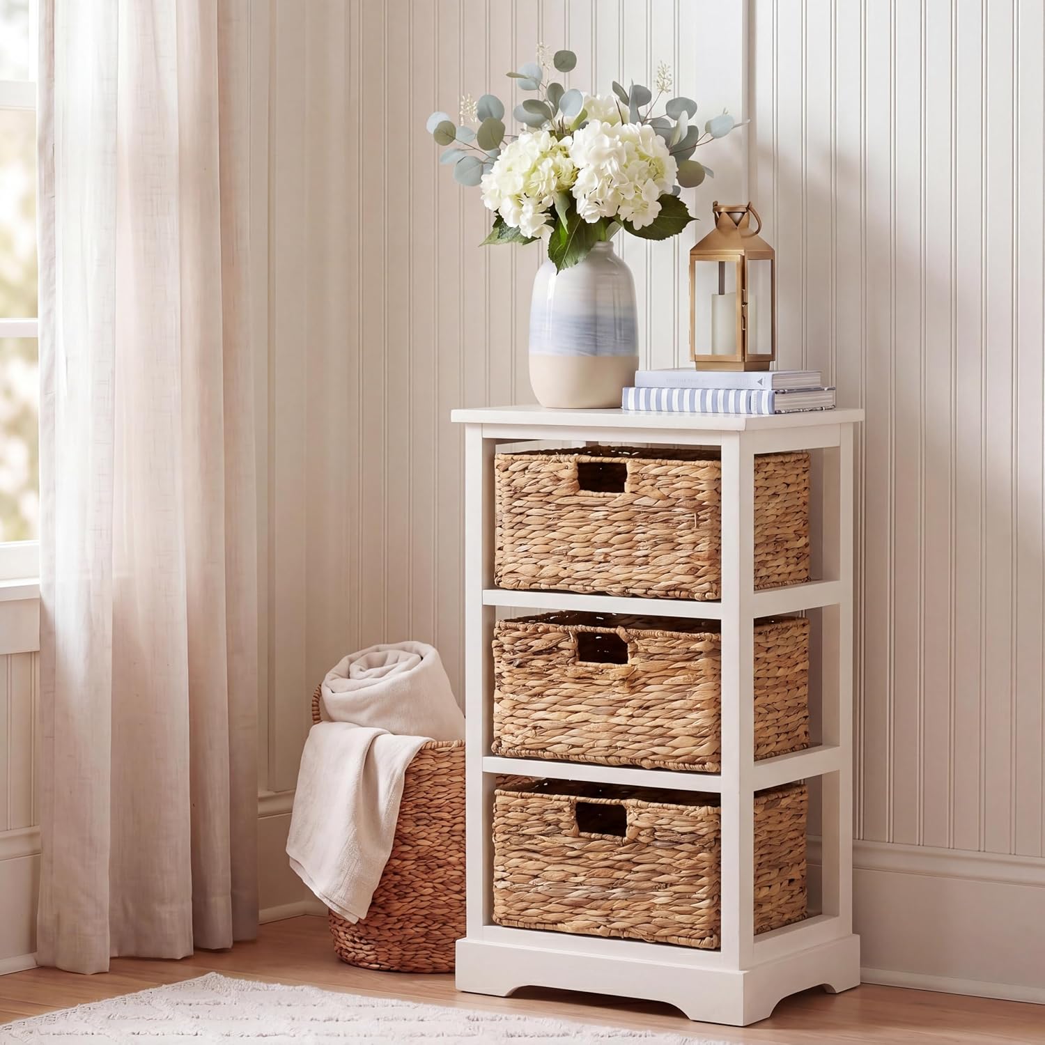 SAFAVIEH Furniture - Halle 3-Basket Side Table - Ivory - Solid Wood - Coastal Basket Storage Design - Ideal for Living Room, Entryway, 17.5' W x 13.5' D x 29.5' H - Fully Assembled (AMH5738K)