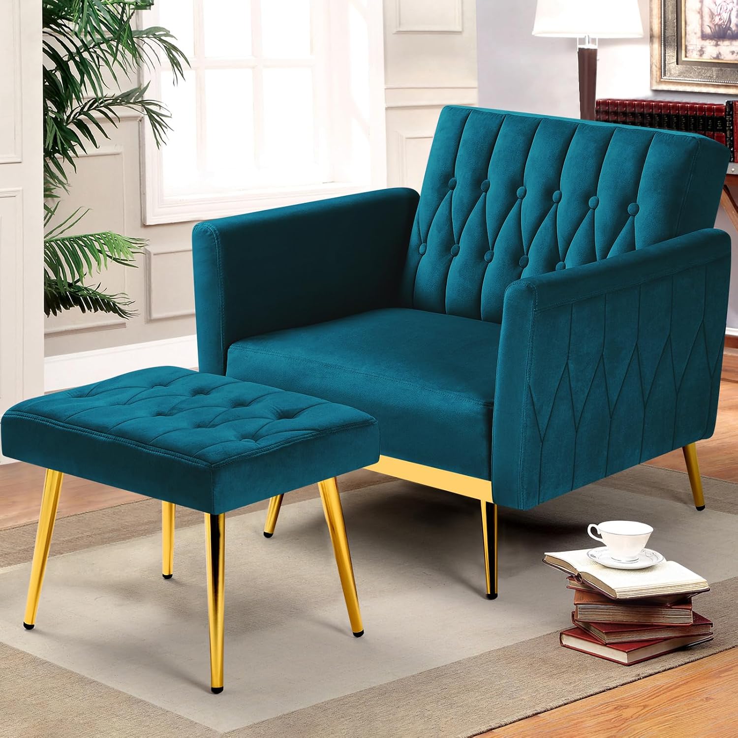 Velvet Accent Chair with Adjustable Armrests and Backrest, Button Tufted Lounge Chair, Single Recliner Armchair with Ottoman and Pillow for Living Room, Bedroom,Teal