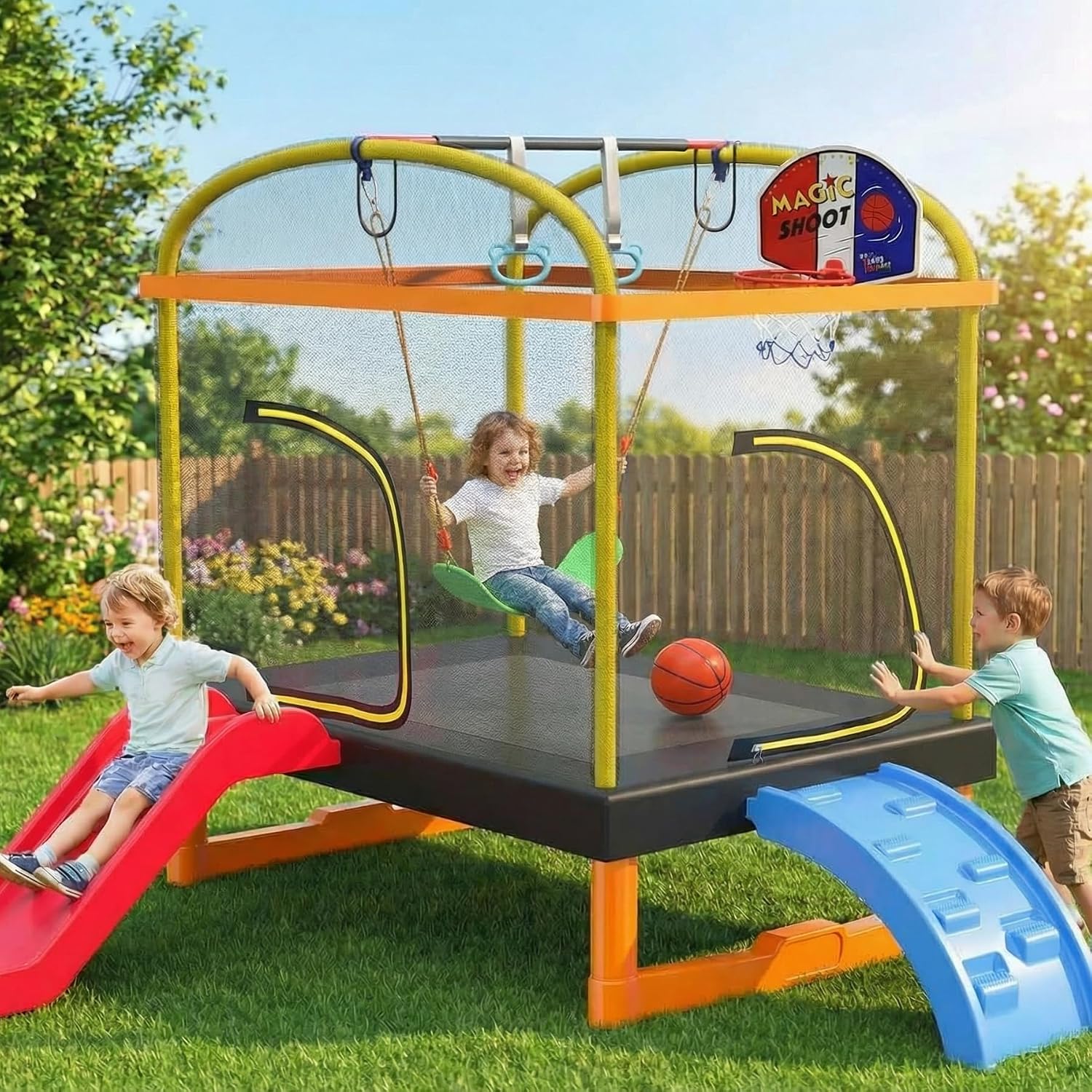 6.5FT Rectangle Trampoline with Swing Basketball Outdoor Climb Slide Trampoline for Kids Recreation Trampolines with Enclosure Safety Net