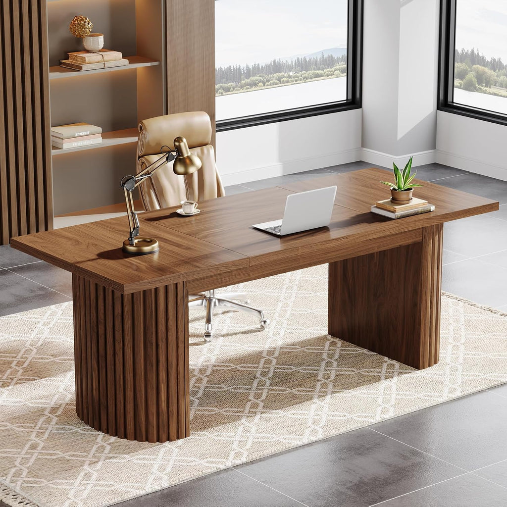 Tribesigns 78.74' Executive Desk, Large Farmhouse Computer Office Desk with Double Pedestal, Wooden Study Writing Table Workstation Conference Table for Home Office, Walnut (Brown)