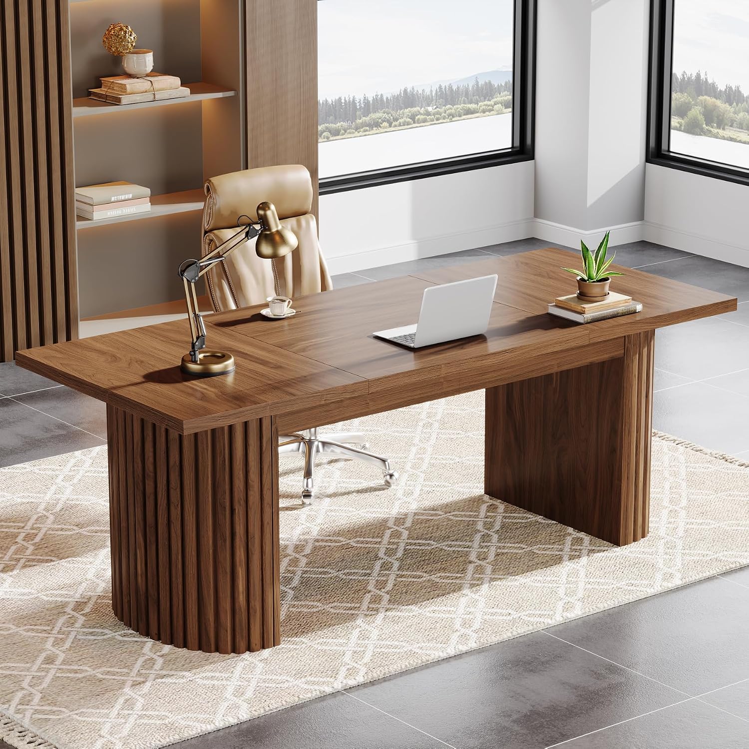 Tribesigns 78.74' Executive Desk, Large Farmhouse Computer Office Desk with Double Pedestal, Wooden Study Writing Table Workstation Conference Table for Home Office, Walnut (Brown)