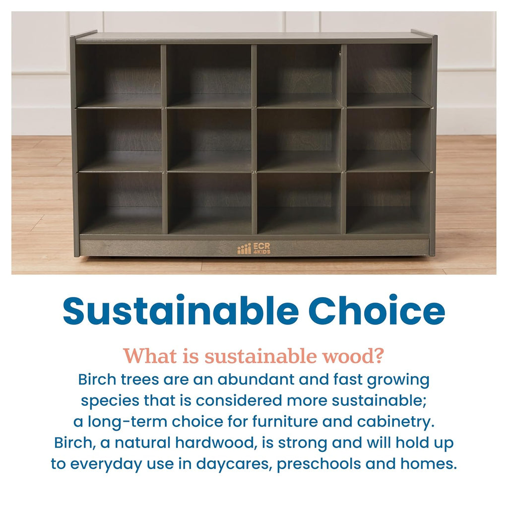ECR4Kids 12 Cubby Mobile Tray Storage Cabinet, 3x4, Classroom Furniture, Grey Wash