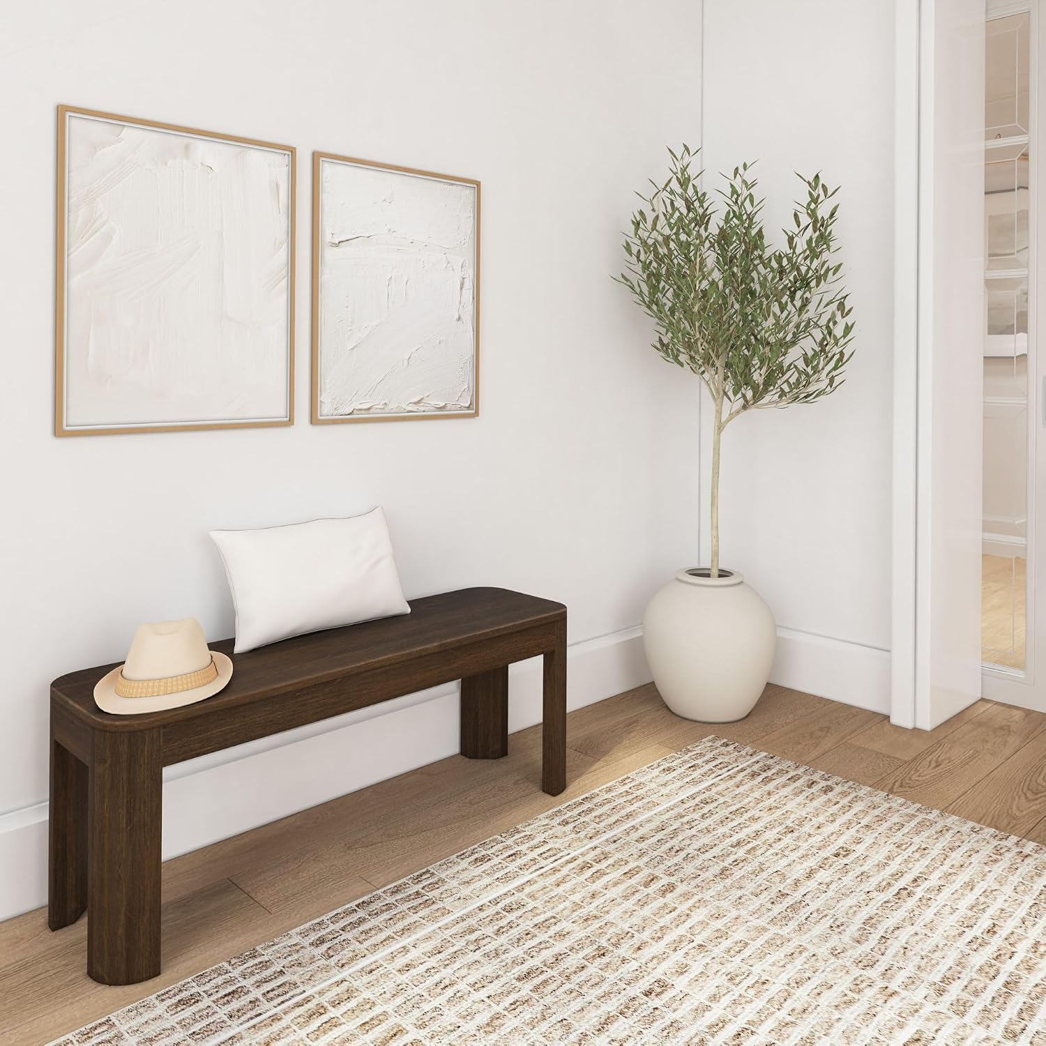 Plank+Beam Contour Bench, Modern Rounded 46 Inch Dining Bench, Bench for 60 Inch Kitchen Table, Walnut