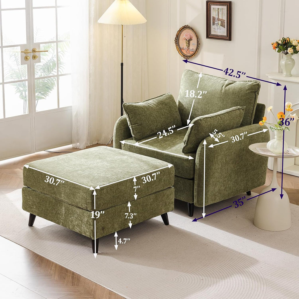 Rexulqo Oversized Accent Chair with Ottoman,All Seats Storage,Comfy Armchair,24.5'' Deep Seat,Upholstered Living Room Chairs,Reading Chair,Lounge Chair for Bedroom,Office,Chenille,Green