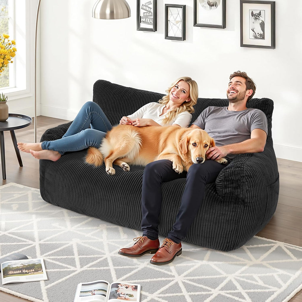 59' Bean Bag Chair,2 Seat Loveseat Sofa,Corduroy Lazy Sofa Bed for Adults,Fit Living Room, Bedroom,Outdoor Spaces,Ultra Soft Dutch Velvet,Fluffy Comfort Cover,Black