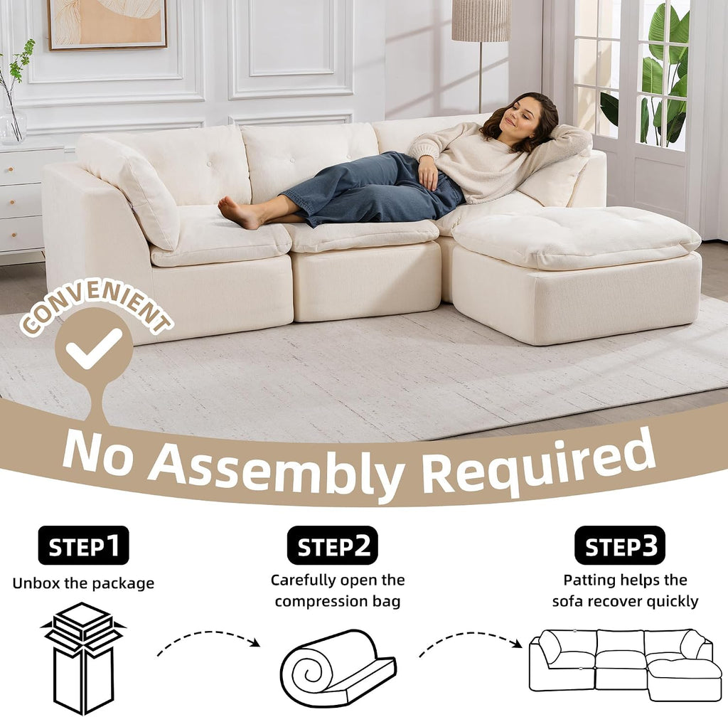 Tufted Cushions Cloud Sectional Boneless Sectional Sofa with Movable Ottoman, 112' Oversized Modular Convertible L Shaped Corner Couch with Deep Seat,Memory Foam Compressed Sofa