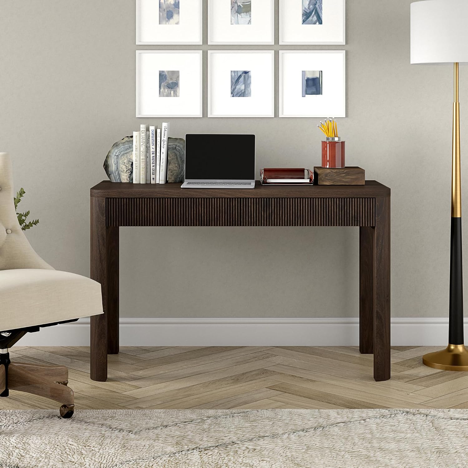 Henn&Hart 48' Fluted Modern Rectangular Home Office Desk Computer Desk Writing Table with 2 Ribbed Storage Drawers for Bedroom, Living Room, or Home Office, Rich Brown