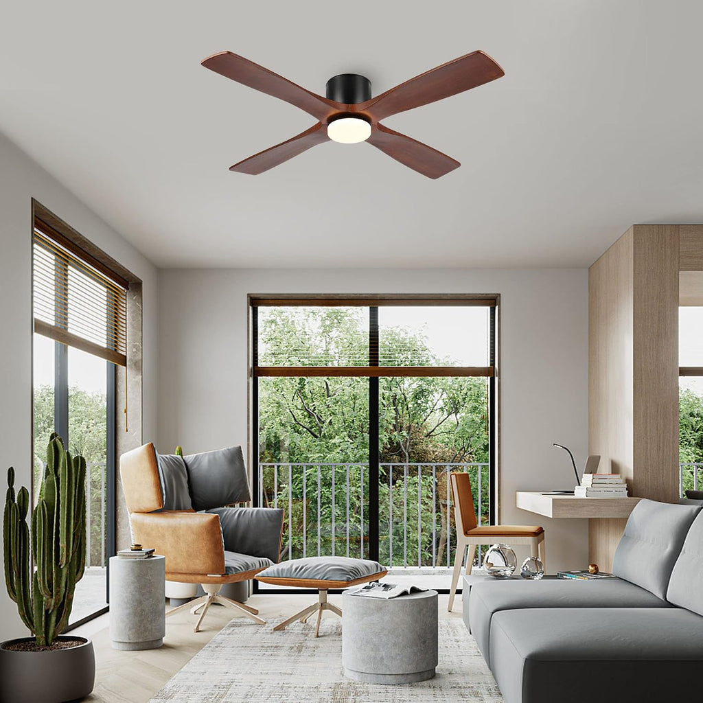 WINGBO 48 Inch Flush Mount DC Ceiling Fan with Lights and Remote, 4 Reversible Carved Wood Blades, 6-Speed Noiseless DC Motor, Hugger Ceiling Fan in Matte Black Finish with Walnut Blades