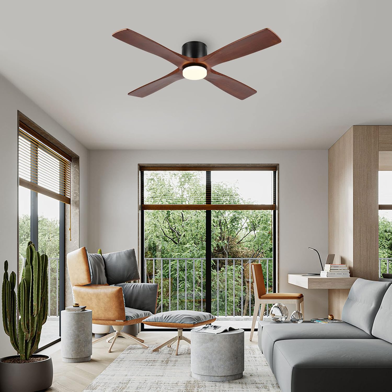 WINGBO 48 Inch Flush Mount DC Ceiling Fan with Lights and Remote, 4 Reversible Carved Wood Blades, 6-Speed Noiseless DC Motor, Hugger Ceiling Fan in Matte Black Finish with Walnut Blades