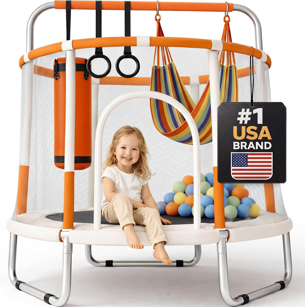 Happin® 55'' Trampoline for Kids with Safety Enclosure, Indoor & Outdoor Toddler Trampoline, Ultra Safe Design with Multi Activity Accessories, Perfect Toddler Gift for Boys & Girls Ages 1–8