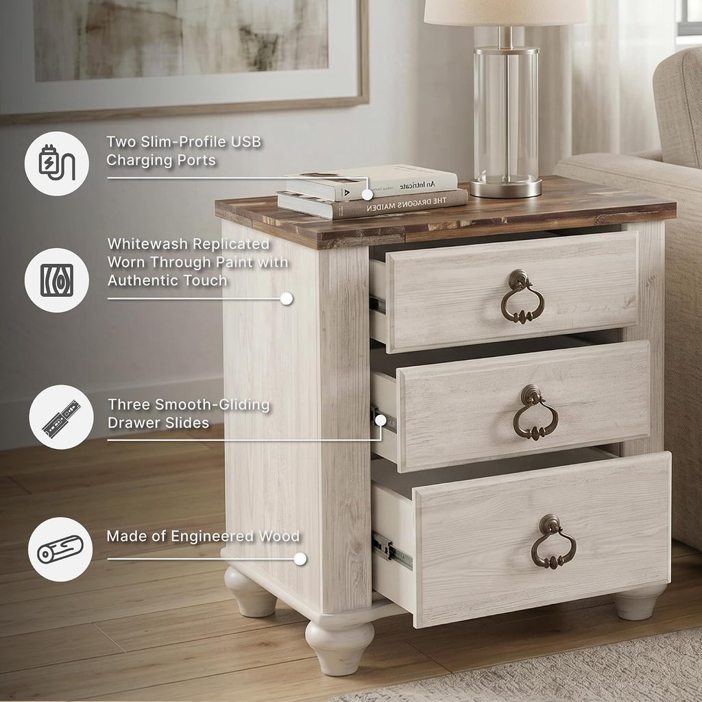 Signature Design by Ashley Willowton Farmhouse 2 Drawer Nightstand with USB Charging Ports, 25.67' Tall, Whitewash