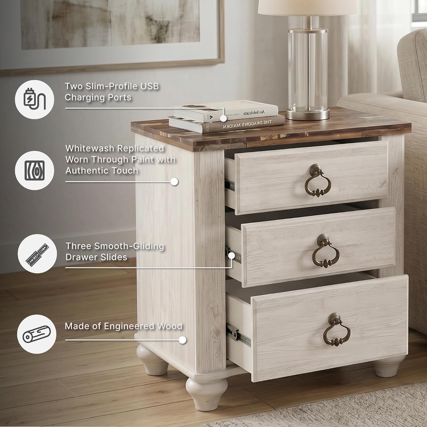 Signature Design by Ashley Willowton Farmhouse 2 Drawer Nightstand with USB Charging Ports, 25.67' Tall, Whitewash