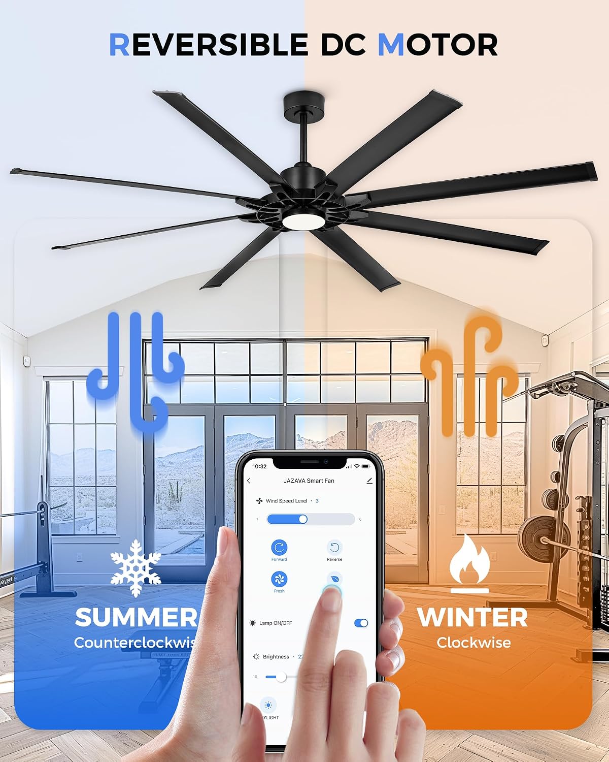 84 Inch Ceiling Fan With Light, Industrial Ceiling Fan With 8 Aluminium Metal Blades, Smart Fan Compatible with Alexa, Garage Indoor Fan For Living Room and Patio, ZCCF05ABK-84