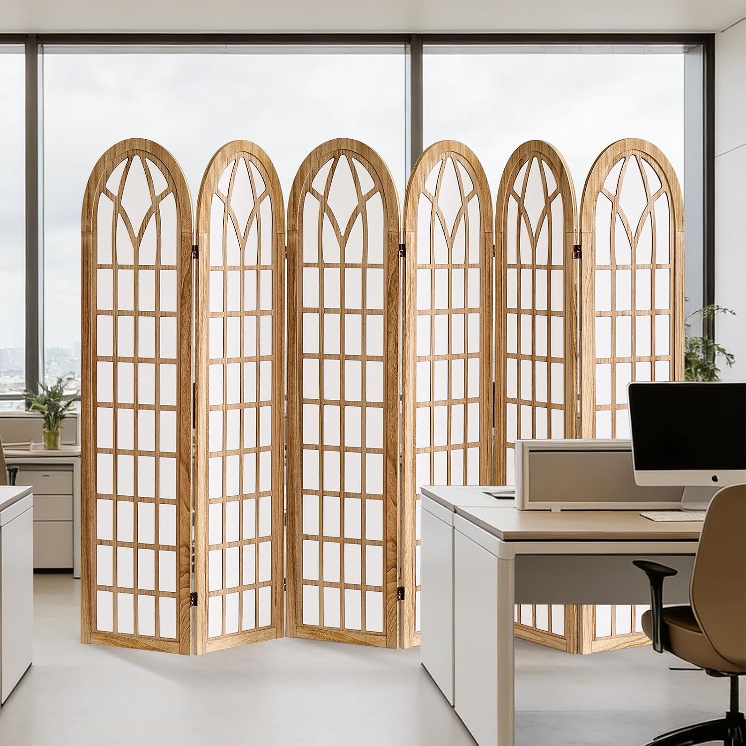 6 Panel Room Divider Wall Shoji Screen, Japanese Wood Room Divider for Room Separation, Folding Privacy Screen, Portable Room Partition for Home Office Restaurant - Natural