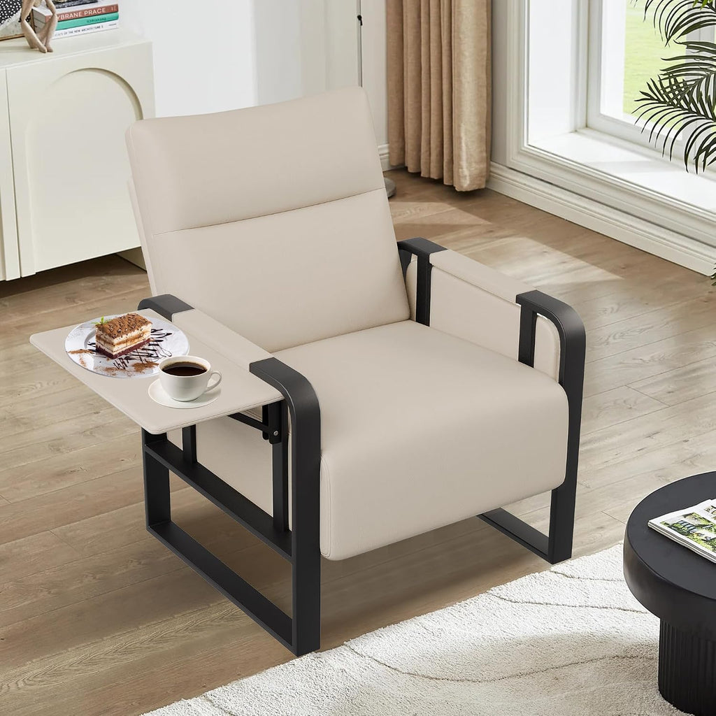 Modern Accent Chair PU Leather Upholstered Armchair with Tray Table for Bedroom Living Room Chairs Office Chair Beige