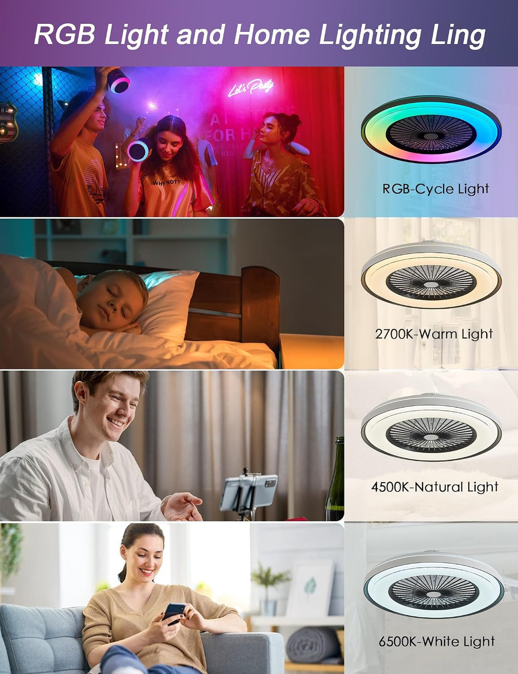 Dawn Whisper 24'' Ceiling Fan with Light Fandelier Flush Mount Low Profile Smart RGB Ceiling Fan with Dimmable LED Light for Kids Bedroom Black 3 Color 6 Speeds