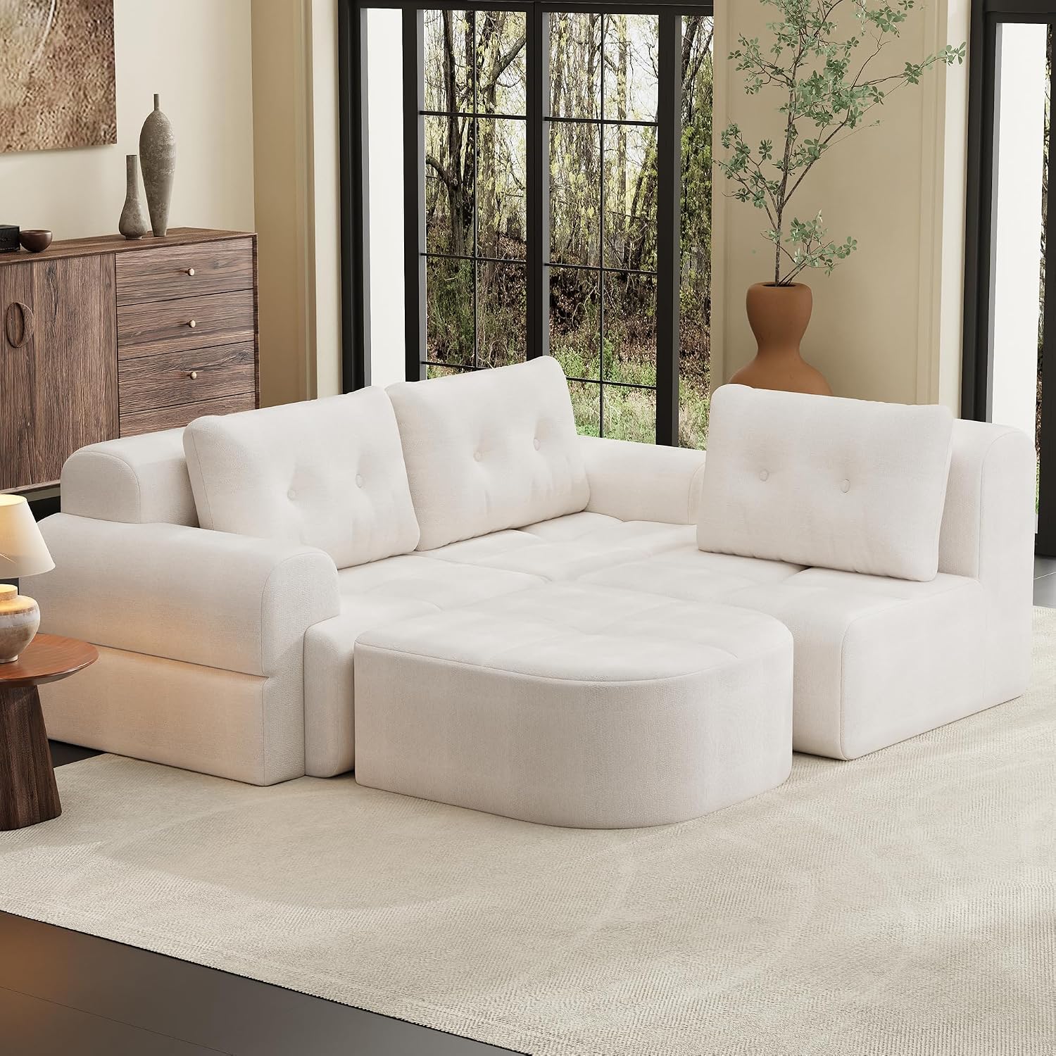 112' Compressed Boneless Sectional Sofa with Movable Ottoman Convertible L Shaped Modular Corner Couch for Living Room - Oversized Cloud Couches W/Tufted Cushions and Deep Seat
