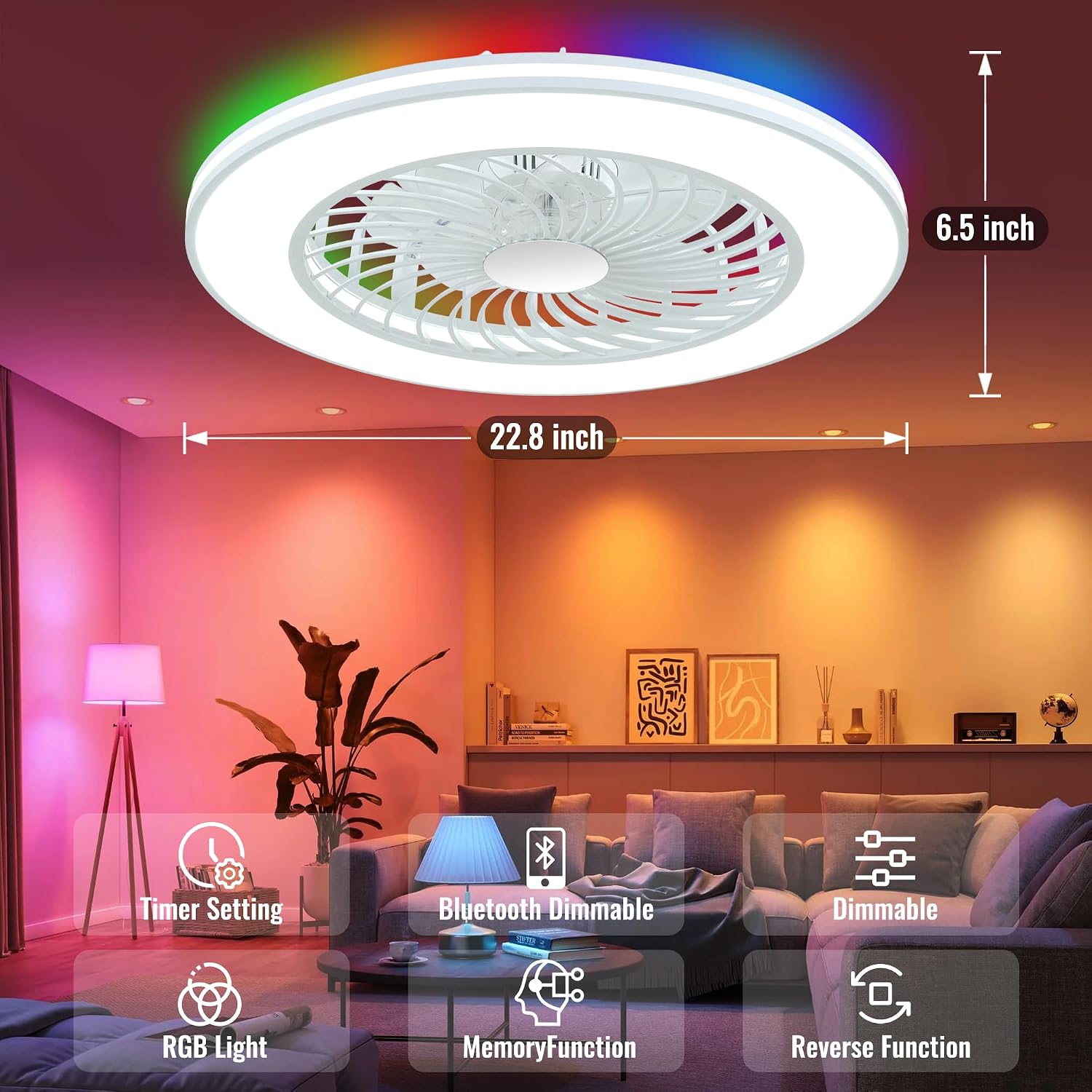 24'' Low Profile Bladeless Ceiling Fans with Lights, Remote/APP/Alexa Smart Control, RGB & 3CCT Dimmable, Flush Mount Ceiling Fan with 6-Speed Reversible for Bedroom Living Room