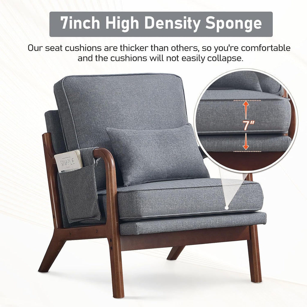 ANJ Mid Century Modern Accent Chair, Lounge Reading Armchair with Extra Side Pocket & Detachable Cushion, Comfy Fabric Accent Chairs for Living Room, Bedroom,Grey