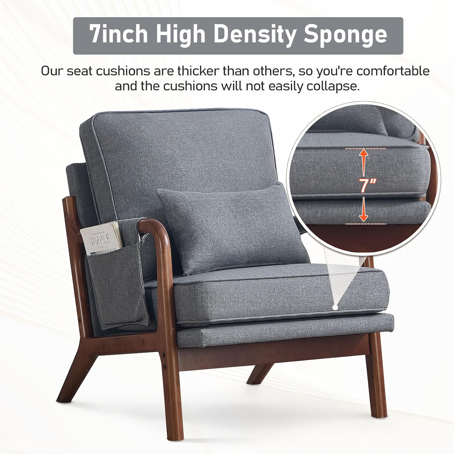 ANJ Mid Century Modern Accent Chair, Lounge Reading Armchair with Extra Side Pocket & Detachable Cushion, Comfy Fabric Accent Chairs for Living Room, Bedroom,Grey