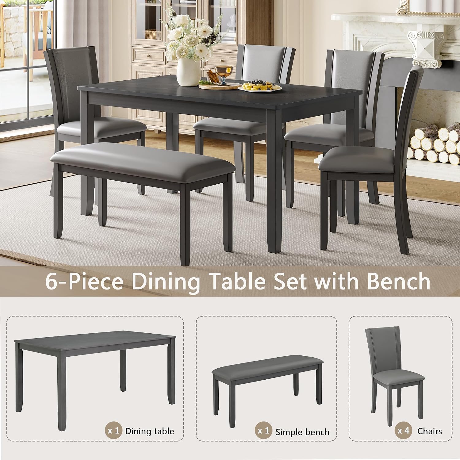 6-Piece Dining Table Set with Bench and Chairs - Solid Wood Kitchen Dining Room Table Set in Farmhouse Rustic Style, Table Set for 6 with 4 Chairs and Bench Seat.(Dark Gray_Large)