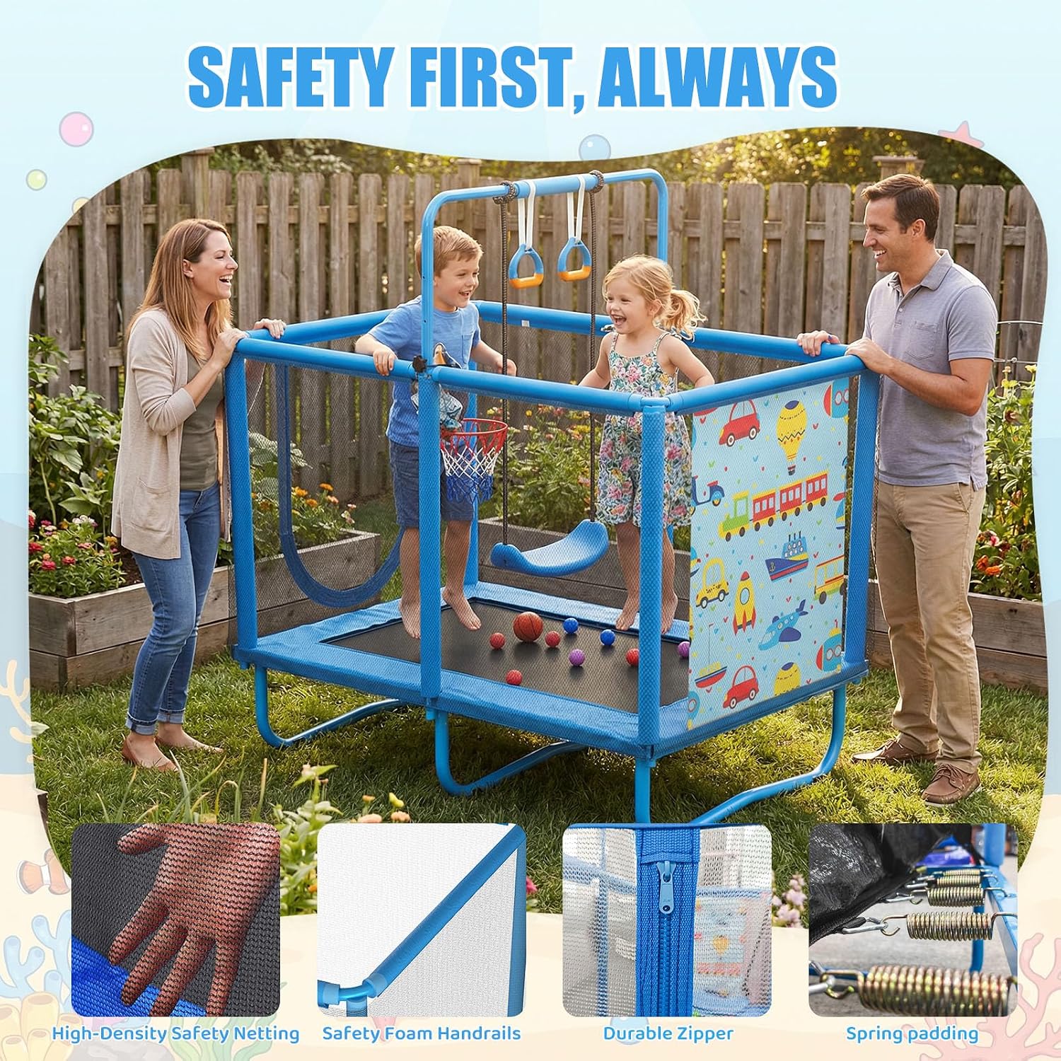 Mini Toddler Indoor Trampoline for Kids, Outdoor Toys Baby Kids Trampoline with Swing, Gymnastics Bar, Birthday Gifts for Boy Girl Age 1-8