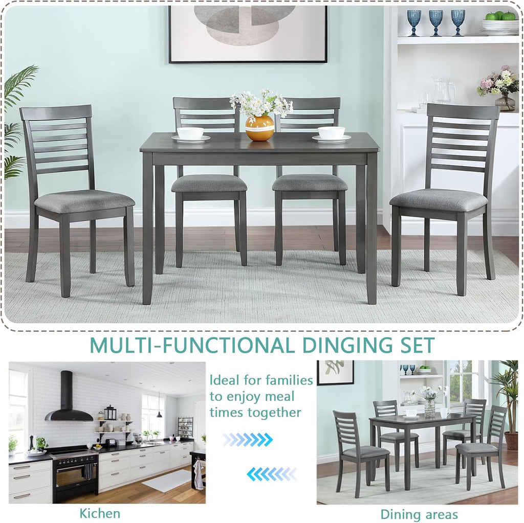 5-Piece Dining Table Set for 4, Kitchen Dining Table with 4 Soft Cushioned Solid Wood Chairs, Ideal for Home or Restaurant Use.(Gray_Medium)