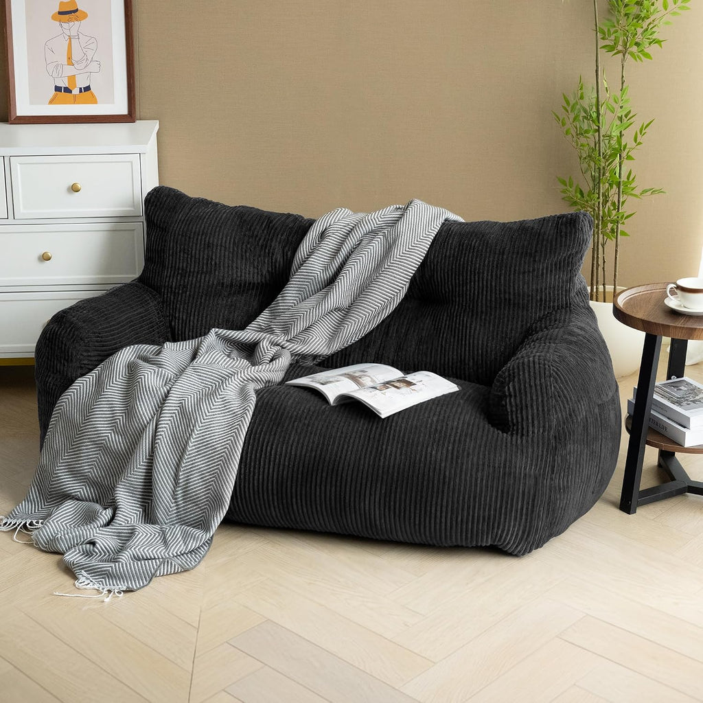 59' Bean Bag Chair,2 Seat Loveseat Sofa,Corduroy Lazy Sofa Bed for Adults,Fit Living Room, Bedroom,Outdoor Spaces,Ultra Soft Dutch Velvet,Fluffy Comfort Cover,Black