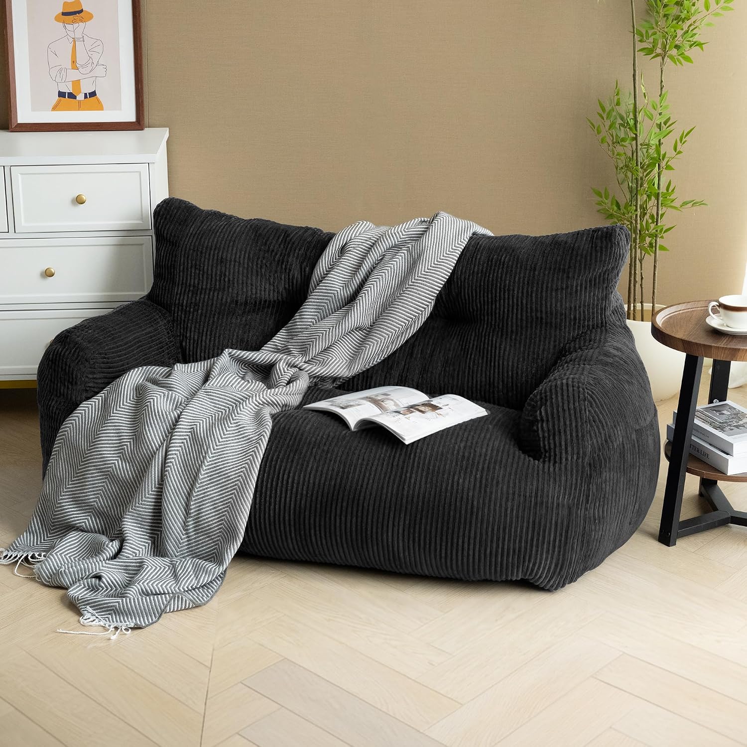 59' Bean Bag Chair,2 Seat Loveseat Sofa,Corduroy Lazy Sofa Bed for Adults,Fit Living Room, Bedroom,Outdoor Spaces,Ultra Soft Dutch Velvet,Fluffy Comfort Cover,Black