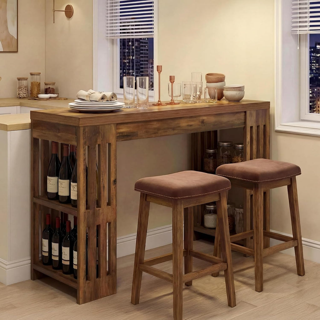 LITTLE TREE Bar Table, 63 Inch Wooden Bistro Table, Large Home Bar Unit with Wine Rack, Pub Table with Storage Shelves for Dining Room, Living Room, Kitchen Room, Brown