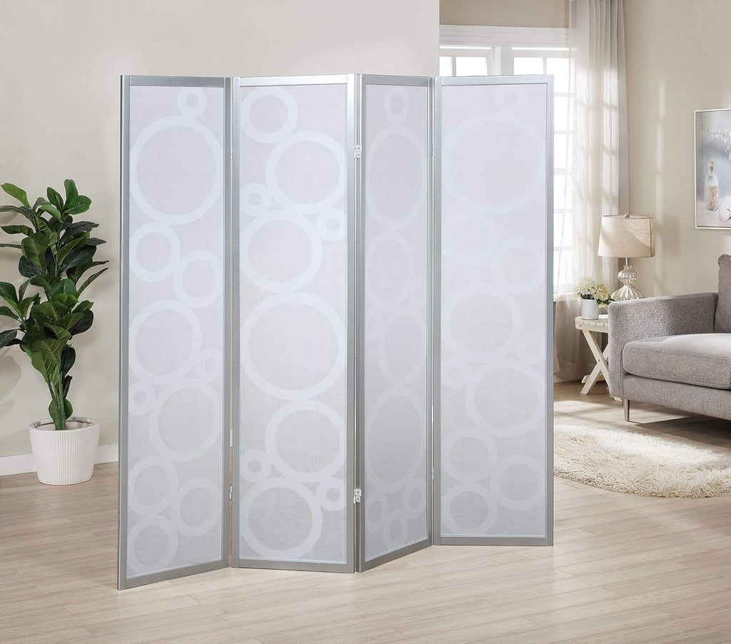 Roundhill Furniture Arvada 4-Panel Wood Room Divider with Circle Pattern, Silver
