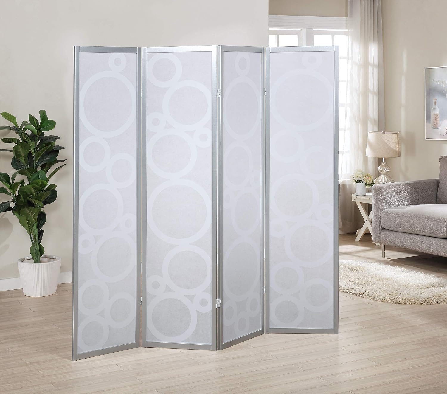 Roundhill Furniture Arvada 4-Panel Wood Room Divider with Circle Pattern, Silver