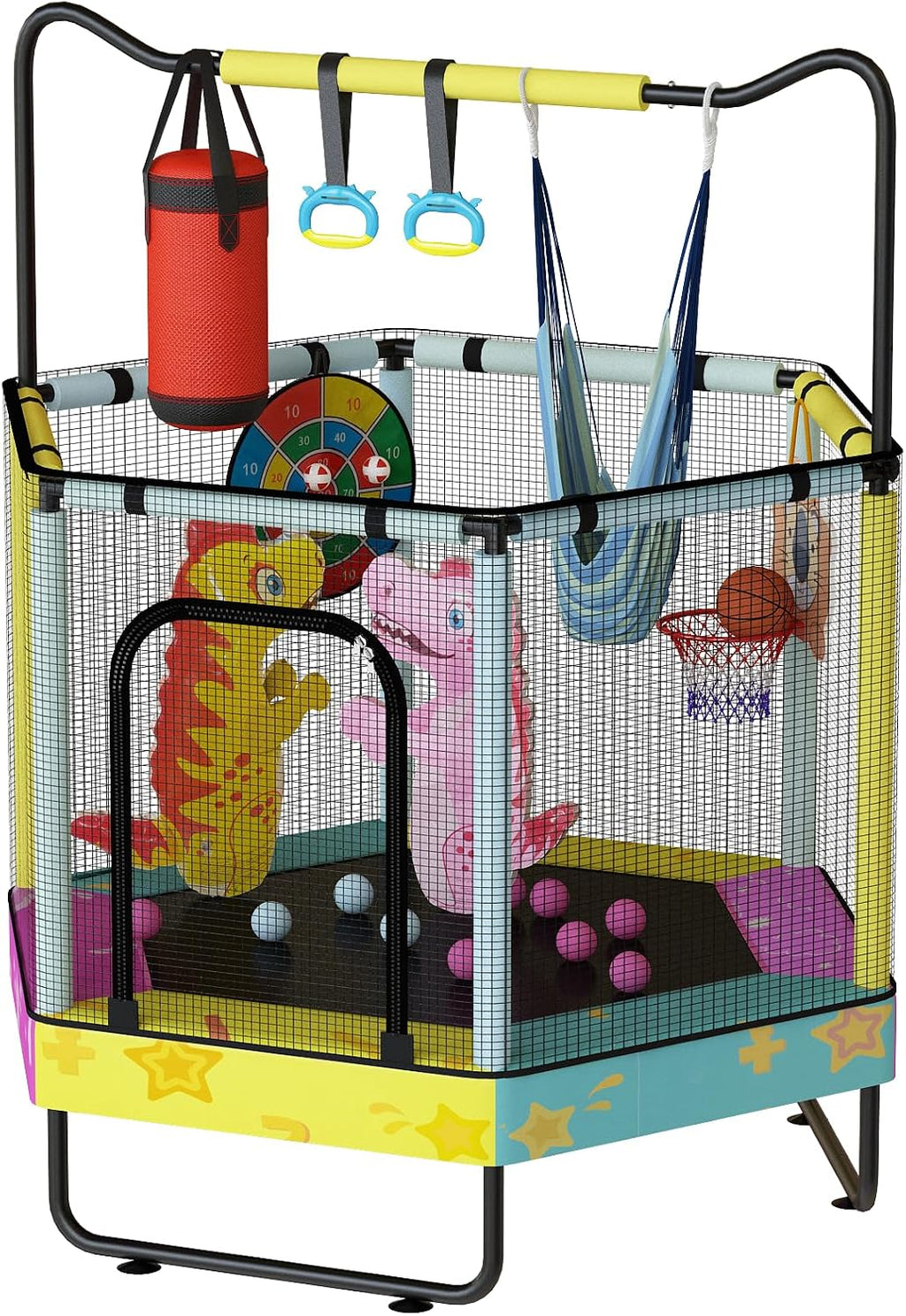 Lamerge Kids Trampoline, Toddler Bouncing Trampoline with Safety Enclosure Net, ASTM-Approved, 500lbs Capacity, Ages 1-8, Adjustable Handrail, 7-in-1, 60'