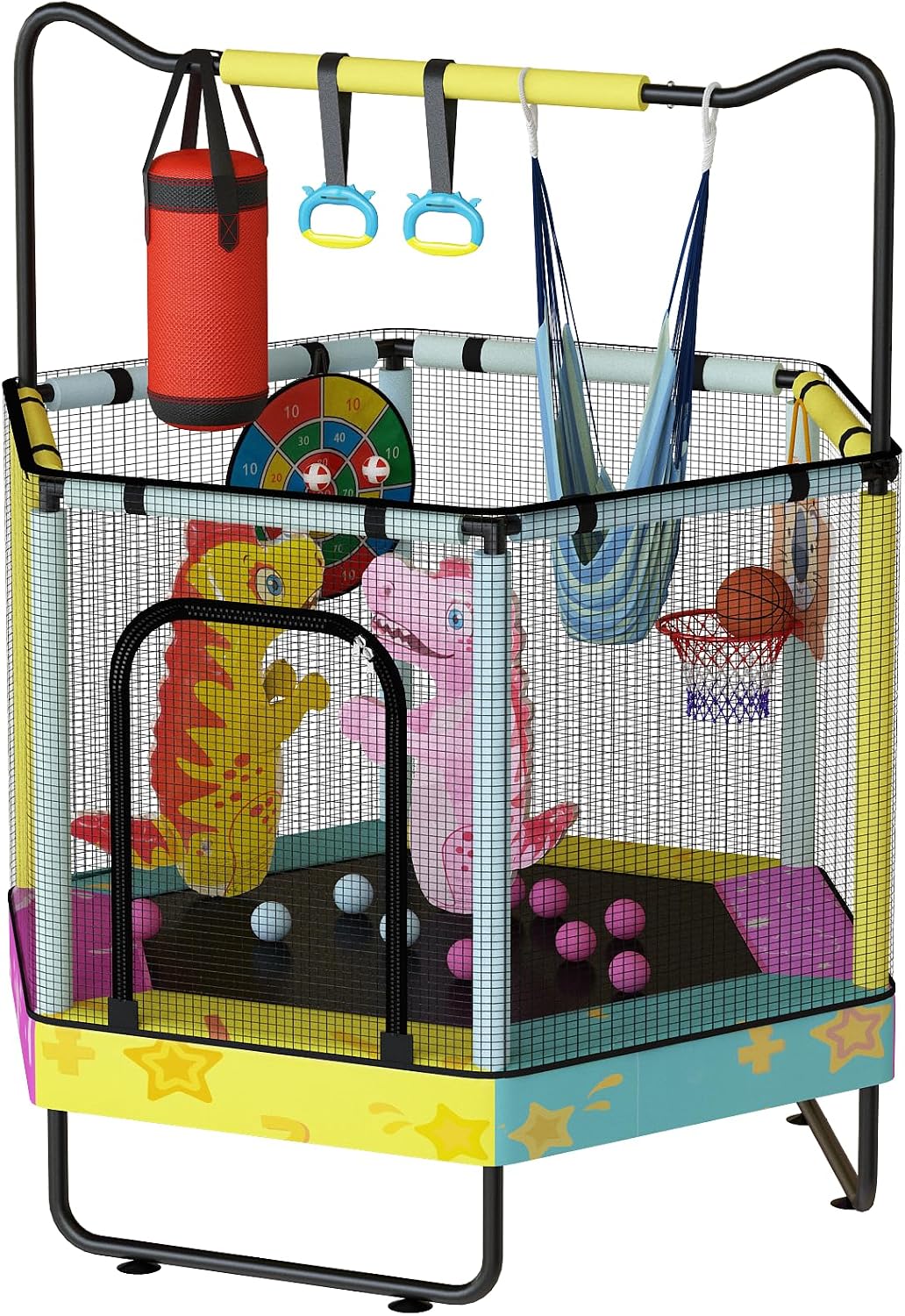 Lamerge Kids Trampoline, Toddler Bouncing Trampoline with Safety Enclosure Net, ASTM-Approved, 500lbs Capacity, Ages 1-8, Adjustable Handrail, 7-in-1, 60'