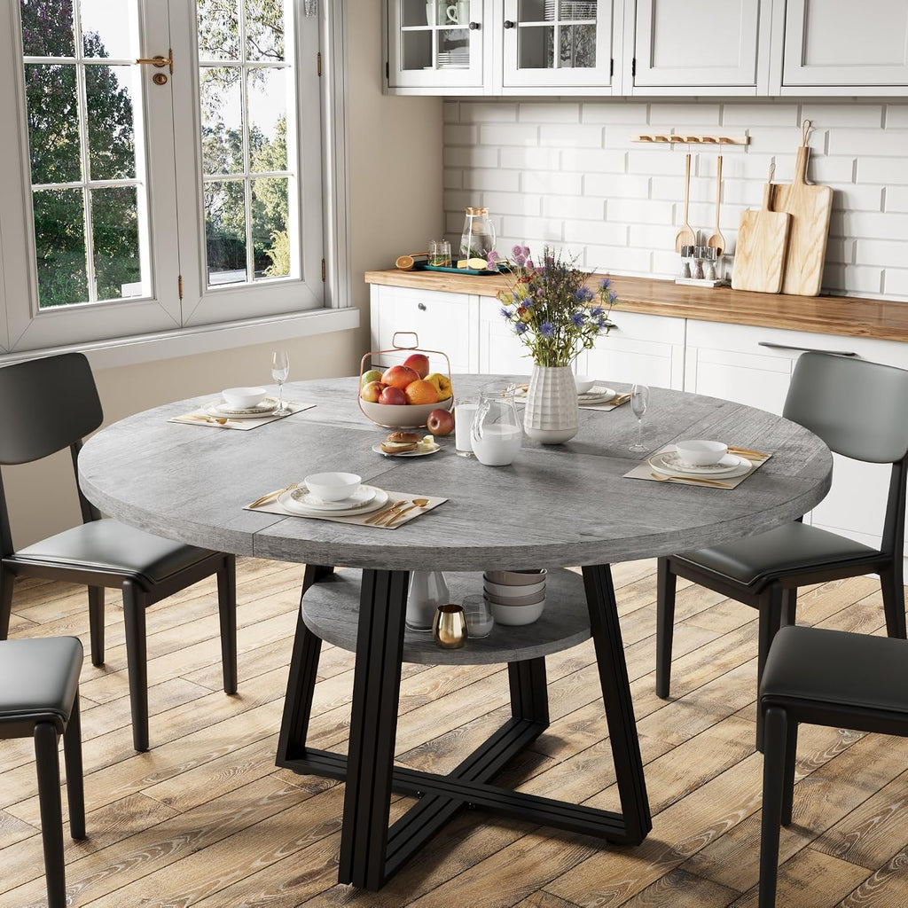 47.2 Inch Round Dining Table for 4-6 People - Farmhouse Kitchen Table with 2-Tier Storage Shelf & x-Shaped Metal Base, Circle Dinner Table for Dining Room, Living Room, Apartment（Grey）
