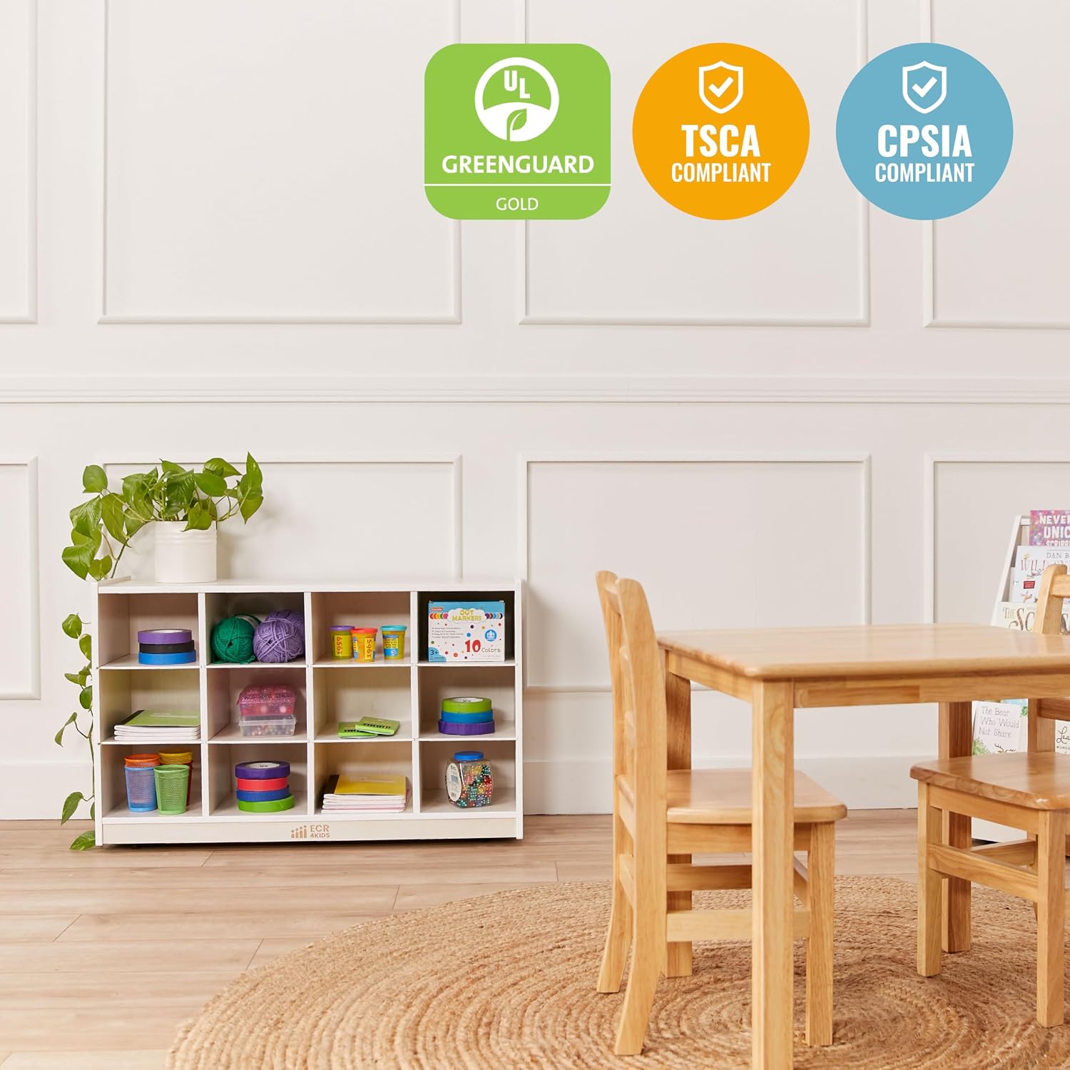 ECR4Kids 12 Cubby Mobile Tray Storage Cabinet, 3x4, Classroom Furniture, White Wash
