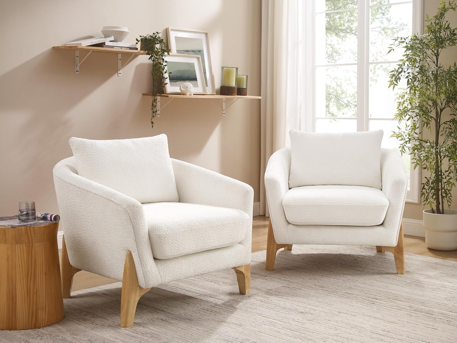VANOMi Accent Chairs for Living Room, Sherpa Armchair with Cushion, Comfy Chair for Bedroom, Reading, Corner, Apartment, White