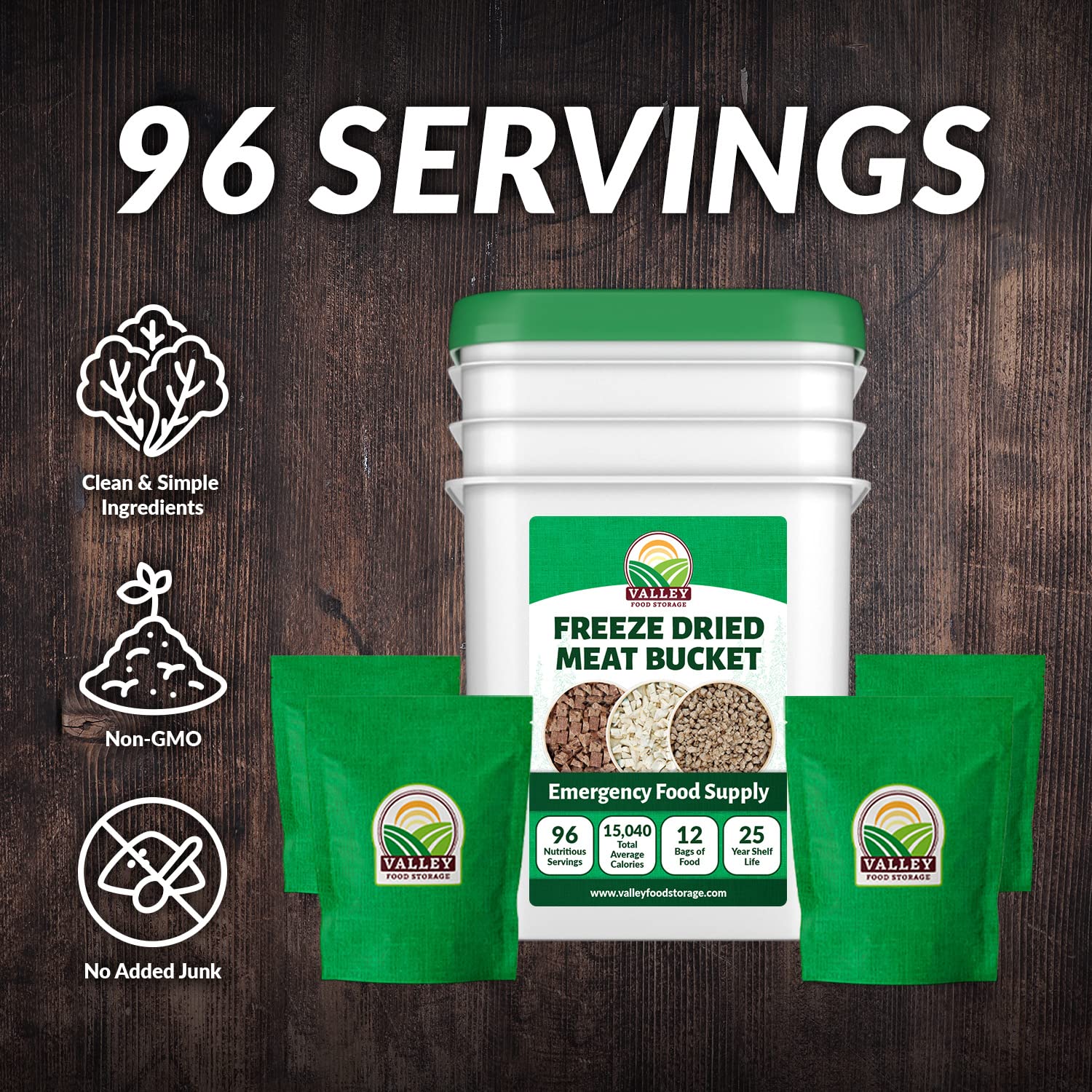 Valley Food Storage 92 Serving Freeze Dried Meat Bucket | Premium Emergency Food Supply with 1,352g Protein | Survival Food, 25 Year Shelf Life | Backpacking Meals, Prepper Supplies & Off-Grid Living