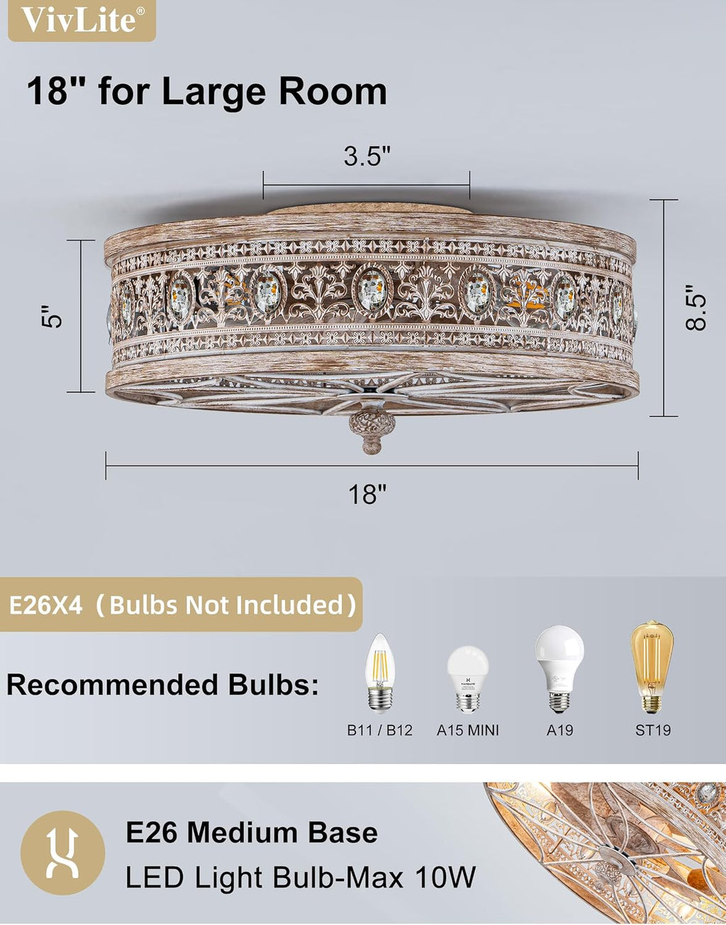 Farmhouse Fandelier Ceiling Fan with Light and Remote,Rustic Country Cottage Crystal Caged Wood-Look Light Fixture,Low Profile Flush Mount Enclosed Bladeless for Bedroom,Kitchen Island,Dining Room