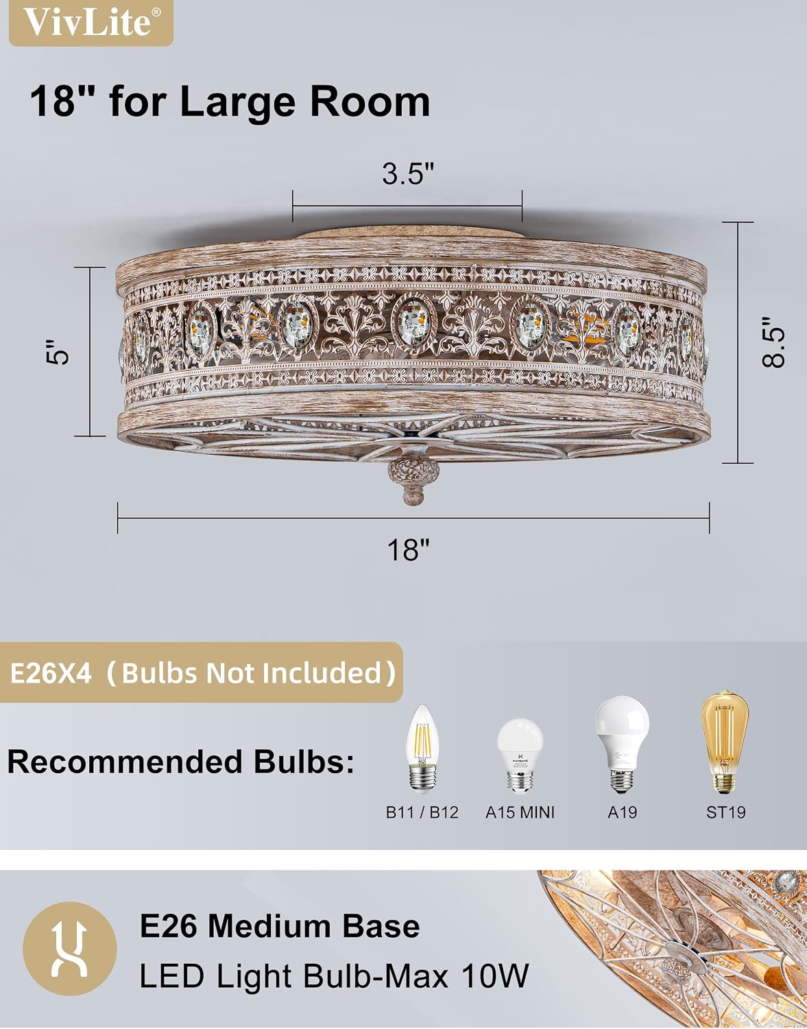 Farmhouse Fandelier Ceiling Fan with Light and Remote,Rustic Country Cottage Crystal Caged Wood-Look Light Fixture,Low Profile Flush Mount Enclosed Bladeless for Bedroom,Kitchen Island,Dining Room