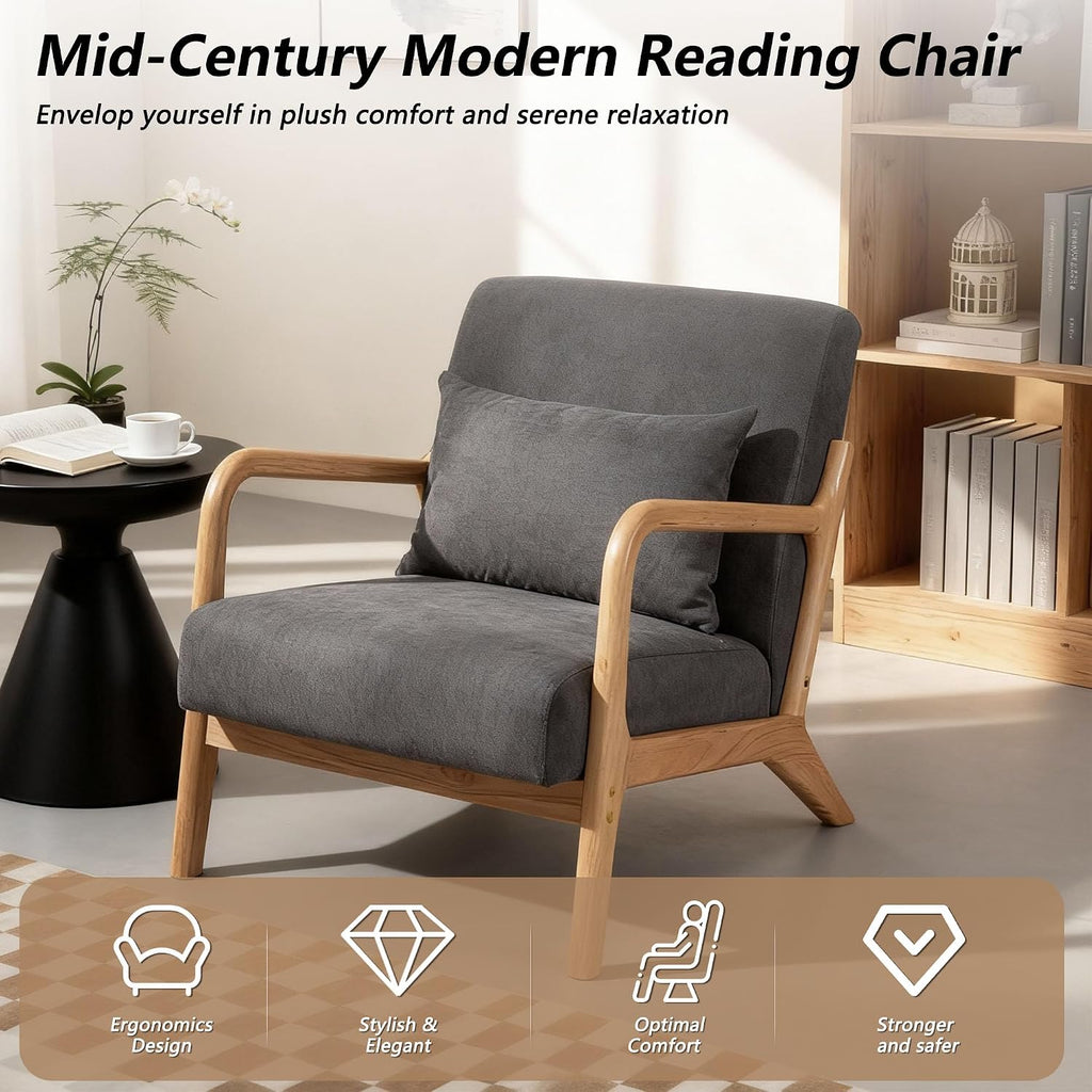 Mid Century Modern Accent Chair with Wood Frame and Linen Fabric Upholstery, Comfortable Lounge Armchair with Pillow, Wooden Accent Chair for Living Room, Bedroom, or Reading Corner