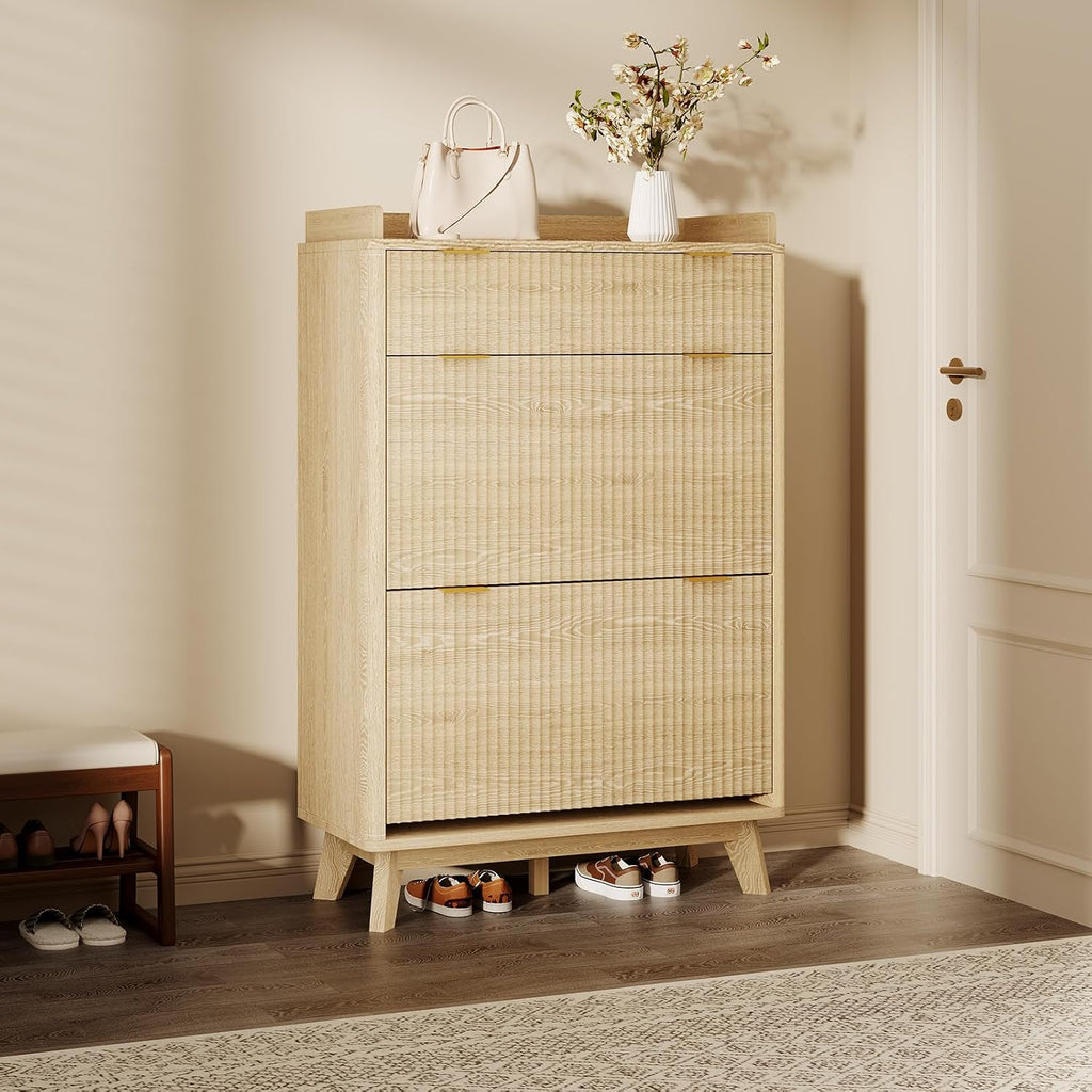 IDEALHOUSE 48' Tall Freestanding Fluted Shoe Storage Cabinet with 2 Flip Drawers, Hidden Narrow Shoe Rack Organizer Cabinet Storage for Entryway Living Room
