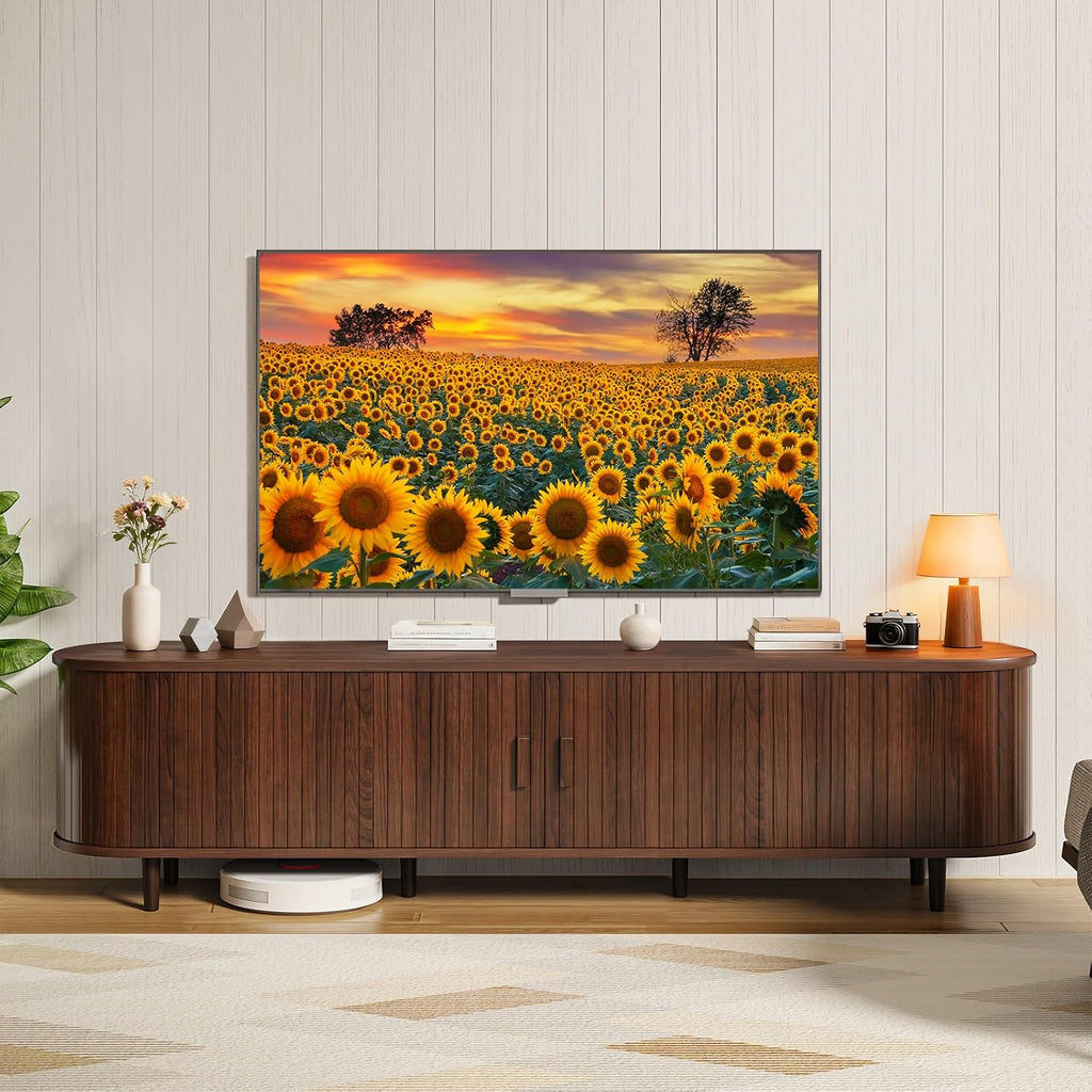 MXV 70' Mid-Century Modern TV Consoles with Sliding Doors, TV Stand with Power Outlet, Fluted Entertainment Center with Adjustable Shelves, for Living Room