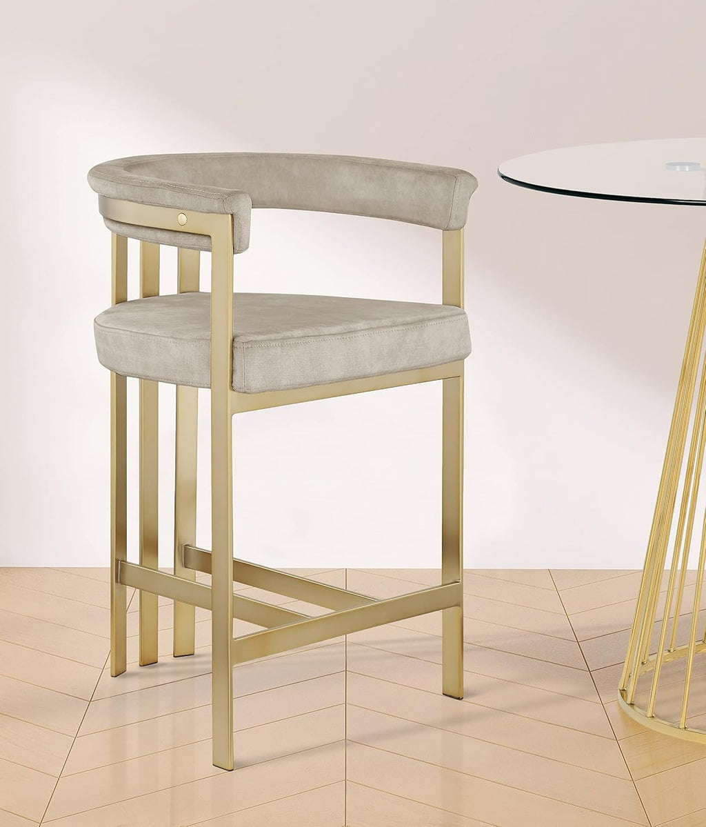 Meridian Furniture 596Stone-C Marcello Collection Modern | Contemporary Velvet Upholstered Counter Height Stool with Brushed Brass Iron Frame, 22.5' W x 20' D x 35.5' H, Stone, Set of 2