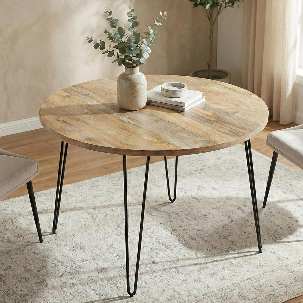 SIMPLIHOME Hunter Dining Table - 45 inch Wide Solid Mango Wood Round Table in Natural, Modern Industrial Style for Dining Room or Kitchen with Black Powder-Coated Iron Base and Hairpin Legs, Seats 4