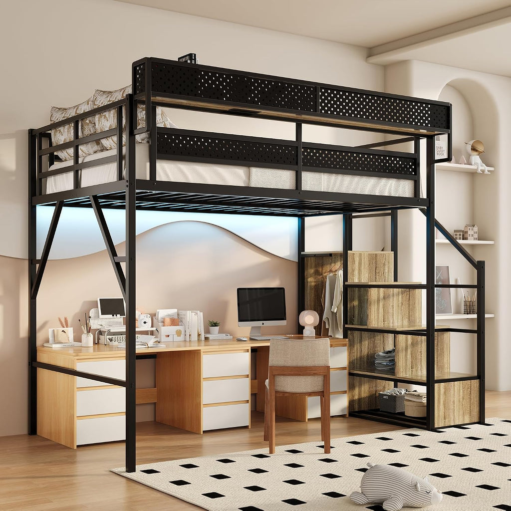Full Size Metal Loft Bed with Storage Stairs, Wardrobe & Charging Station | Storage Shelve,Convertible Staircase,LED Lights, Solid Wood Stairs, Safety Guardrail, Noise-Free, No Box Spring Needed